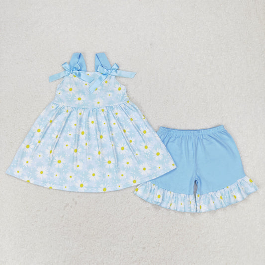 rts no moq GSSO0993 Daisy flower blue lace bow sleeveless shorts set