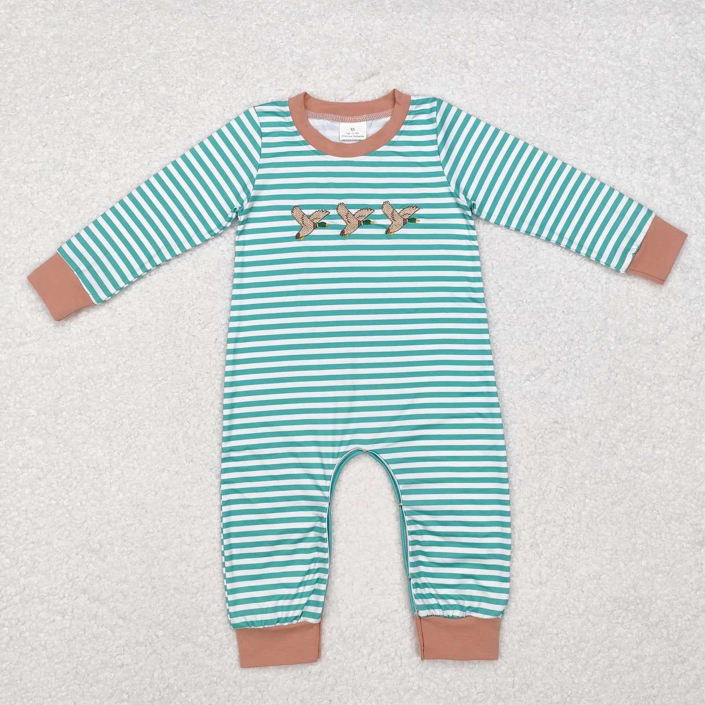 rts no moq LR1618 Embroidered duck striped brown and green long-sleeved jumpsuit