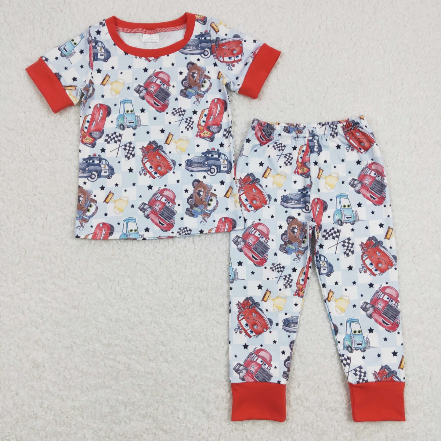 BSPO0315 Cartoon car star blue and white plaid short-sleeved pants suit