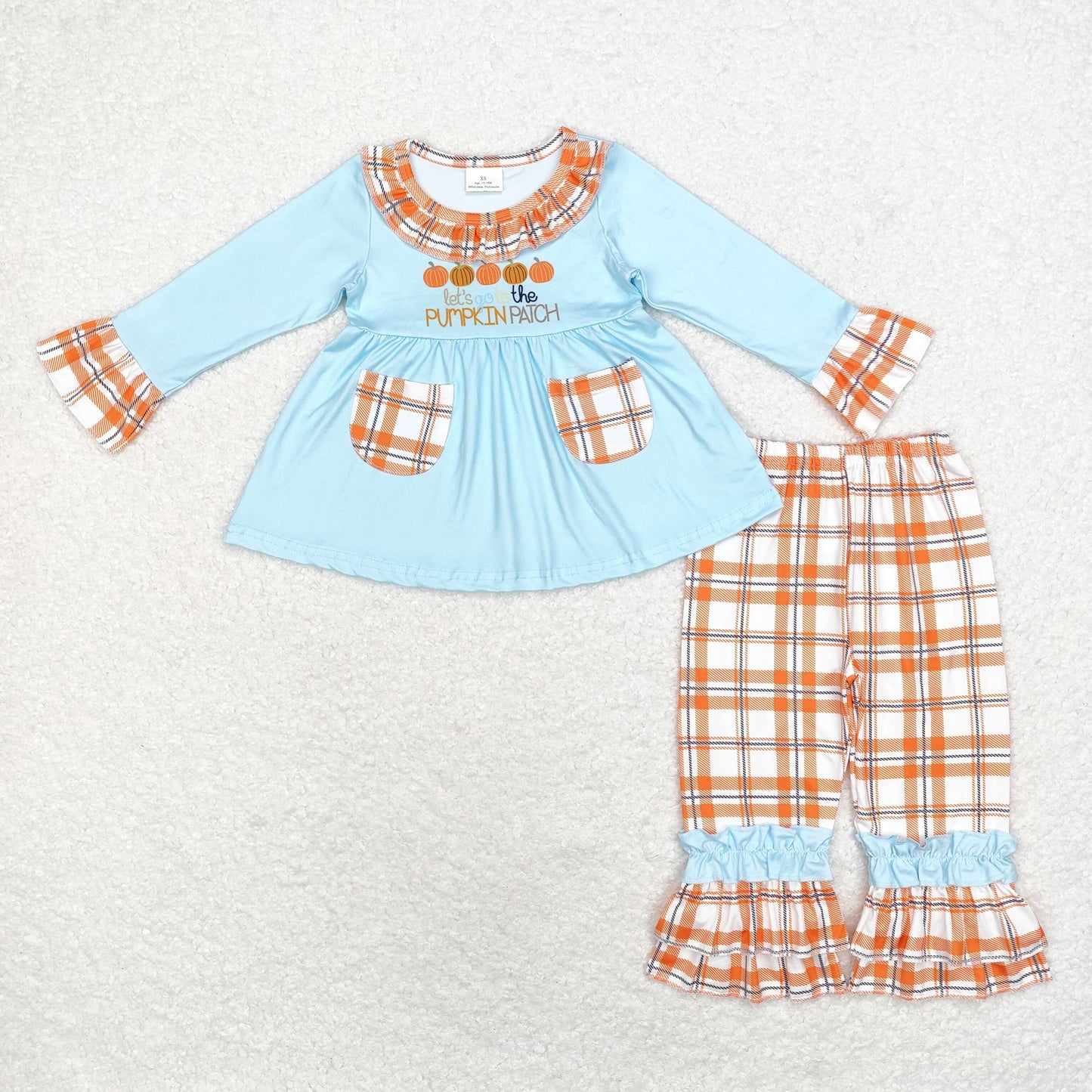 rts no moq GLP1349 Pumpkin patch pumpkin orange plaid pocket lace blue long-sleeved trousers set