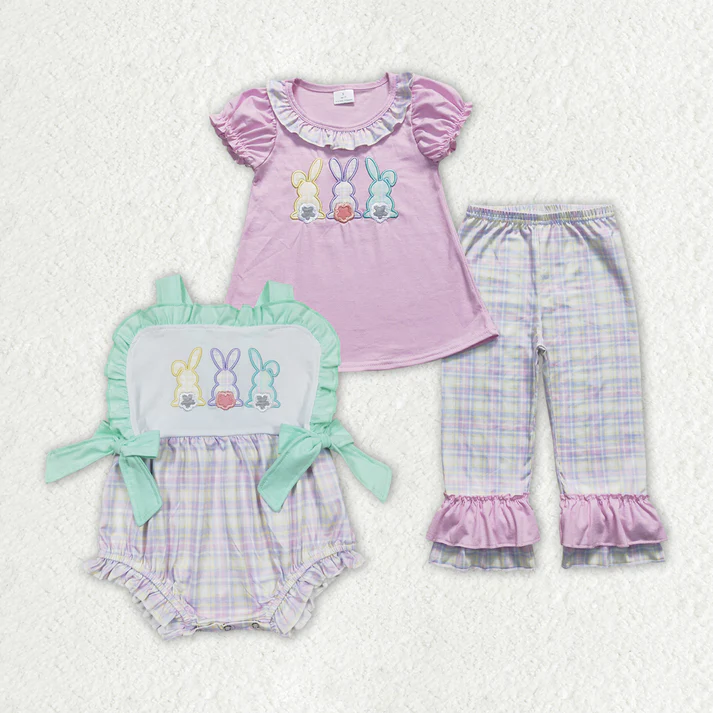 RTS NO MOQ Easter embroidery Short Sleeve Pants Set & Climbing Suit