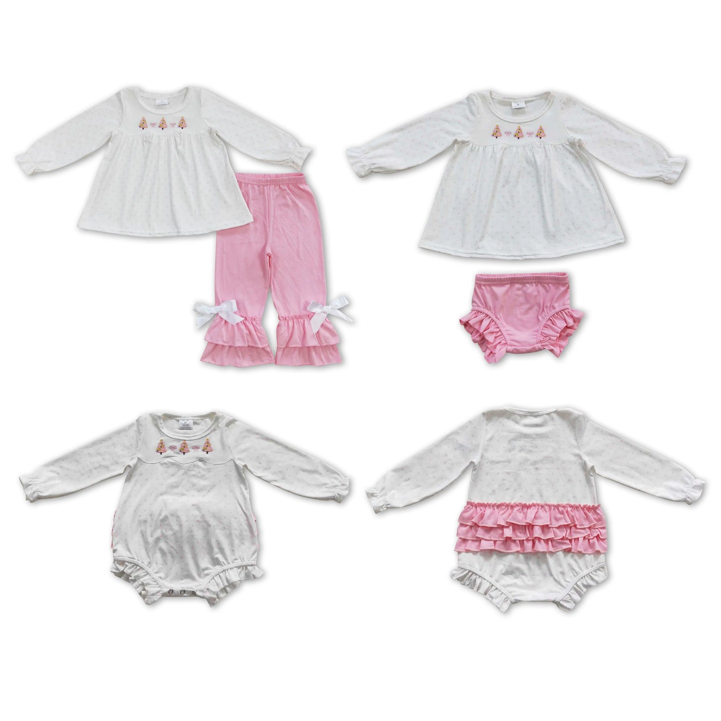 RTS NO MOQ Baby Girls Embroidery Christmas tree embroidery Christmas Tree Idea Long Sleeve Pants Set