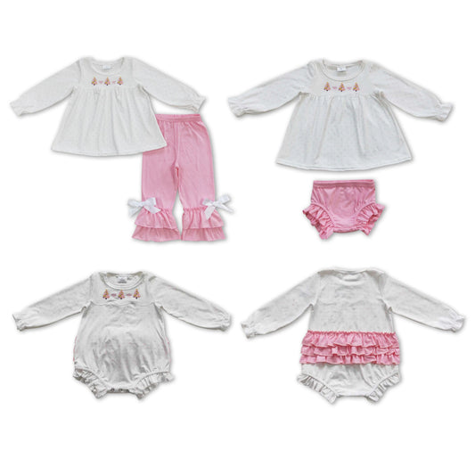 RTS NO MOQ Baby Girls Embroidery Christmas tree embroidery Christmas Tree Idea Long Sleeve Pants Set