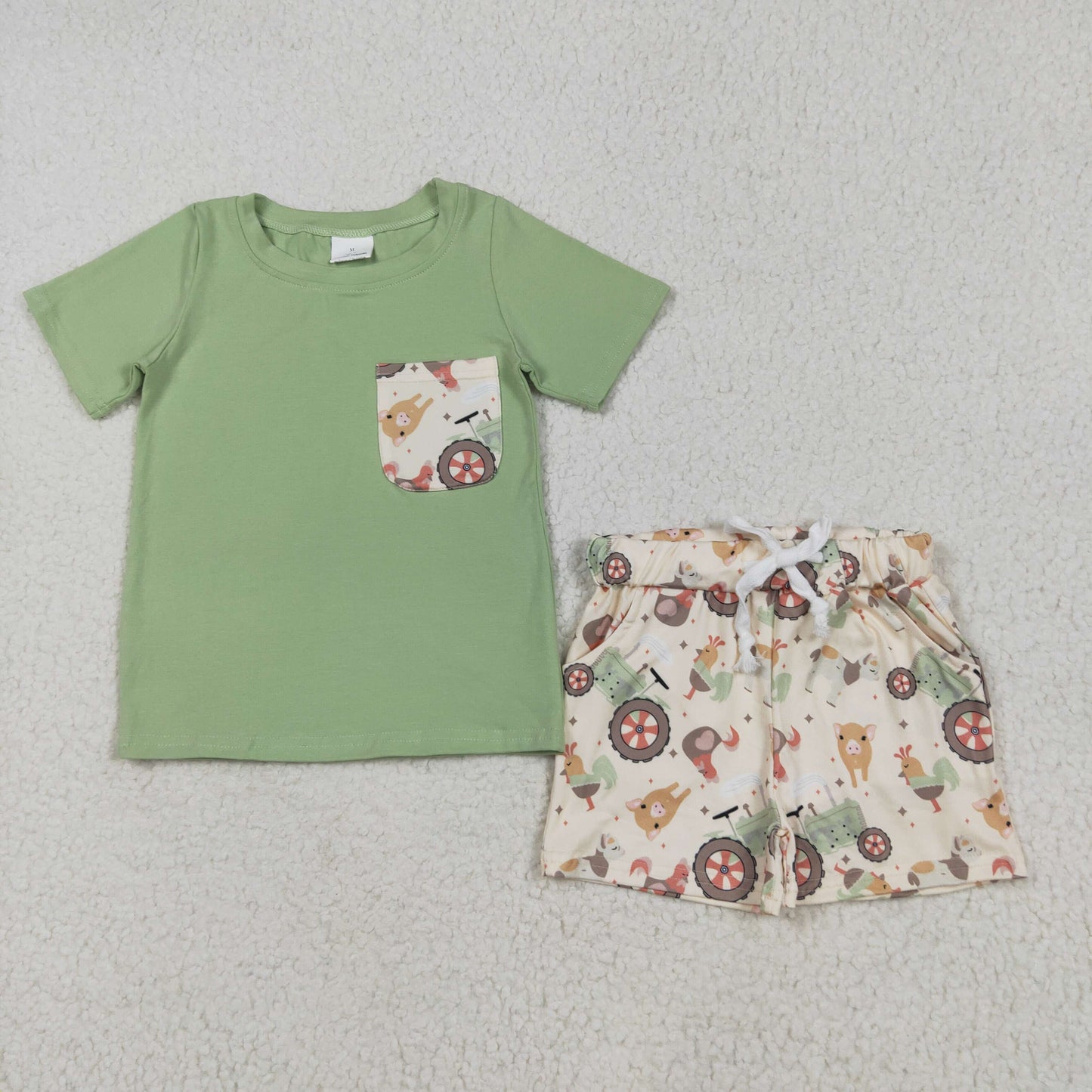 RTS NO MOQ BSSO1460 Farm Animals Tractor Pocket Green Short Sleeve Beige Shorts Set
