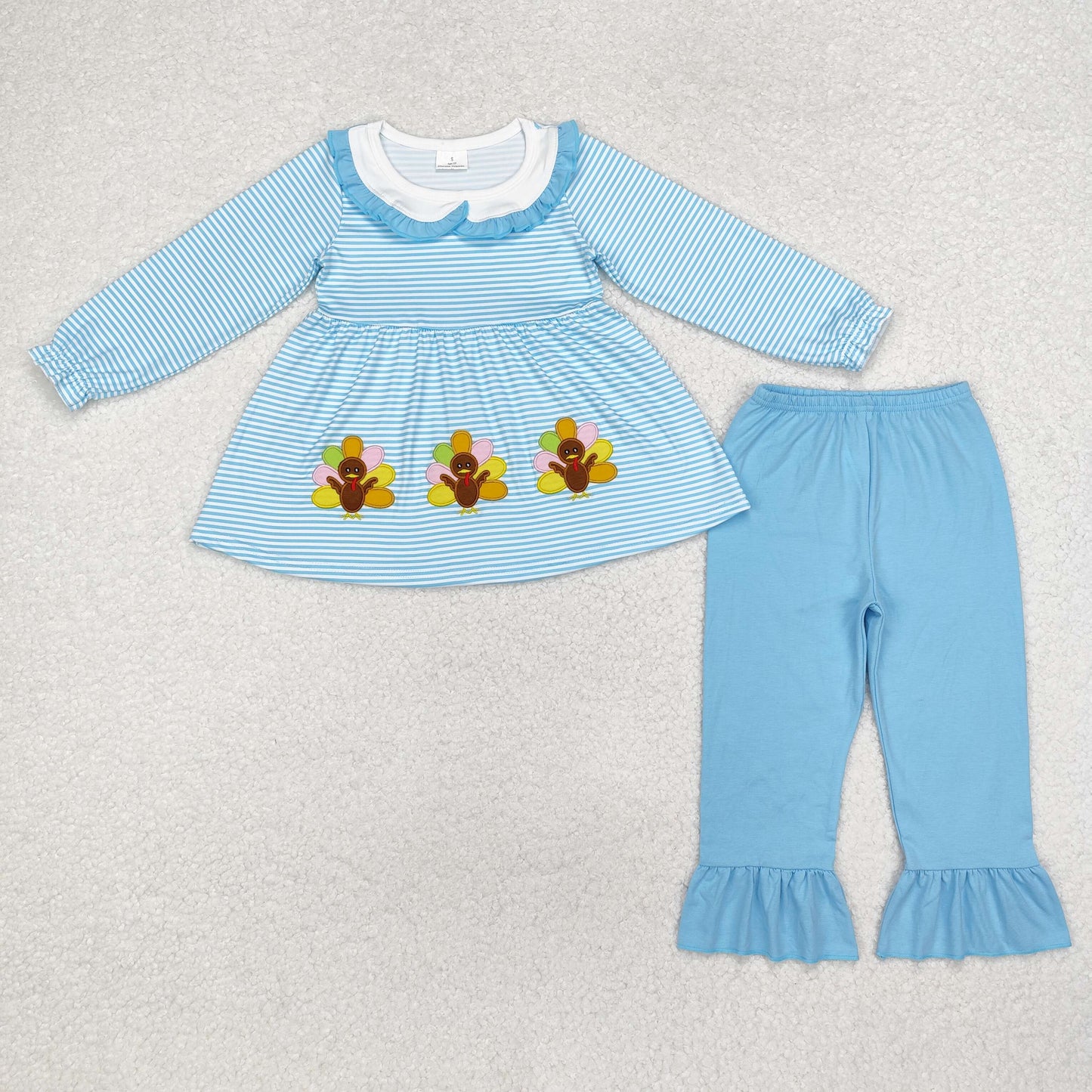 RTS NO MOQ ETA 5/7days Arrived GLP1768 Embroidered Turkey Doll Collar Blue Stripe Long Sleeve Pants Set