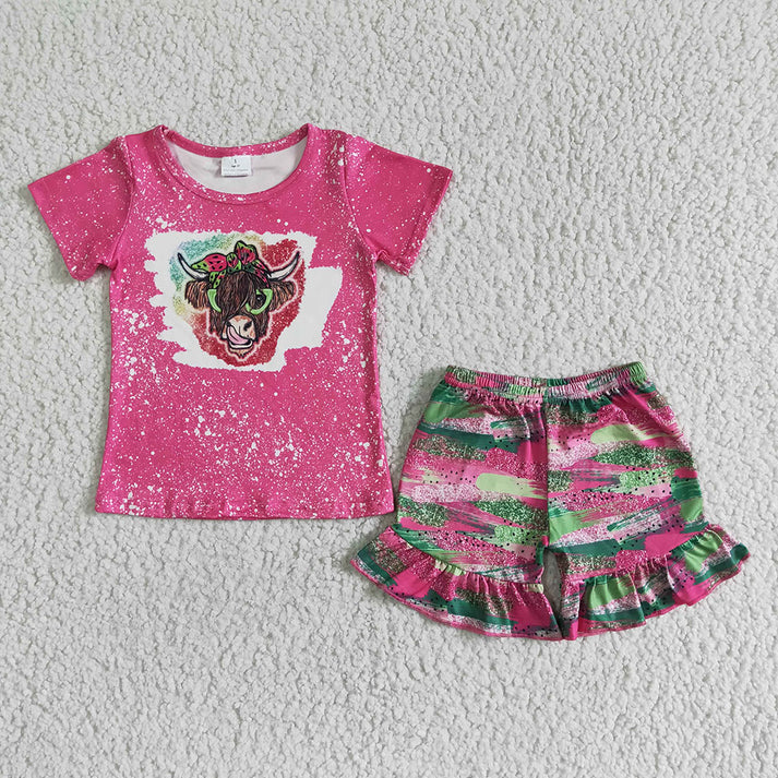 RTS NO MOQ baby girls western cow head short sleeve shorts Sets