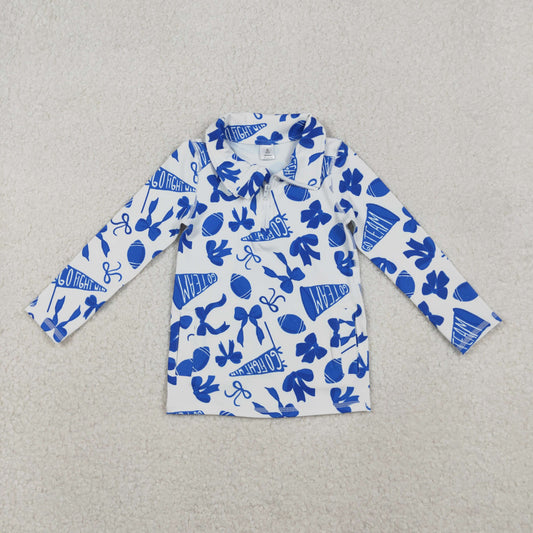 RTS NO MOQ（In Stock) GT1195 Football blue flared bow pattern zippered long-sleeved yoga top