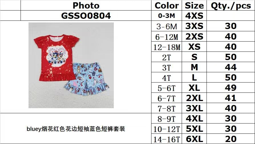 rts no moq GSSO0804 bluey fireworks red lace short-sleeved blue shorts suit