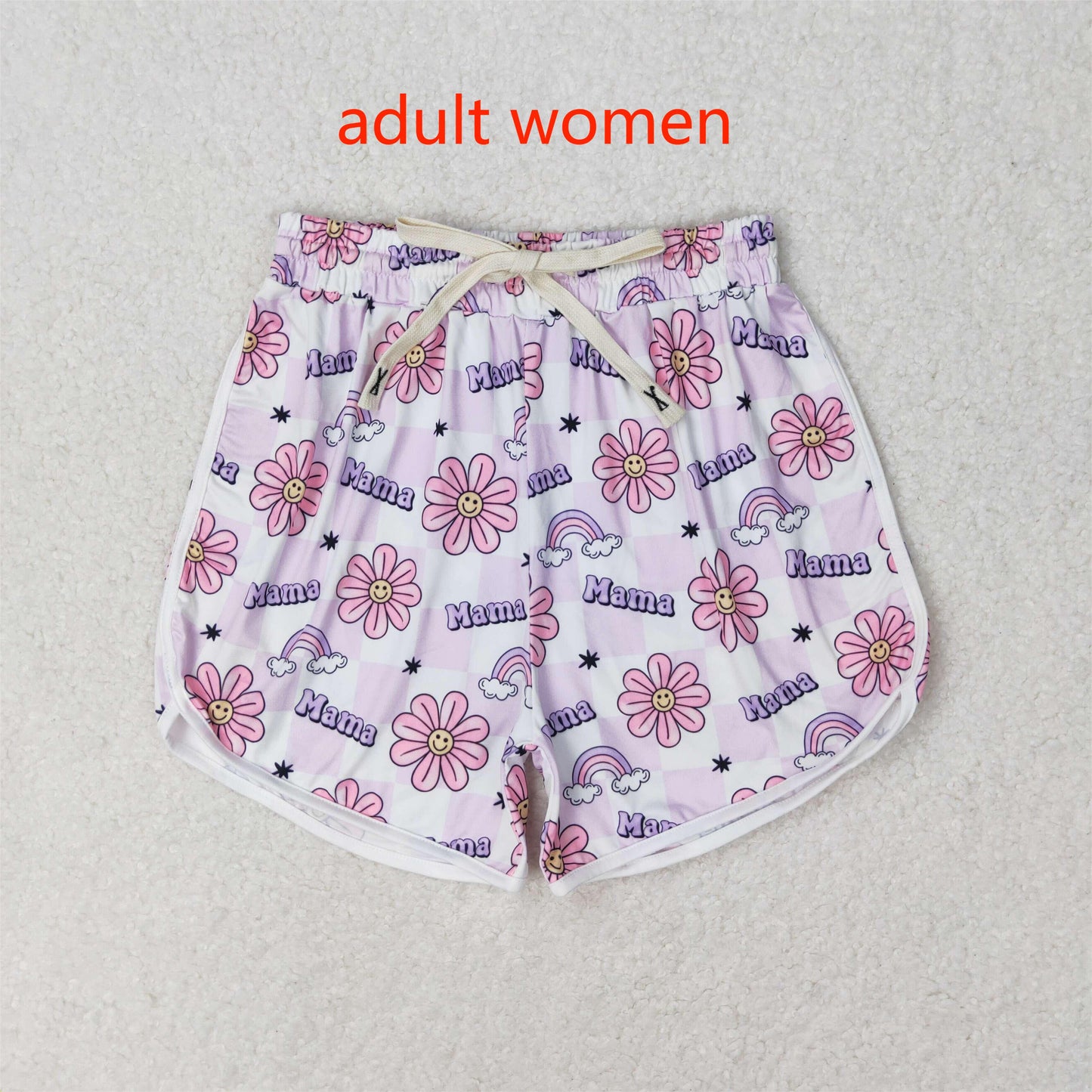 RTS NO MOQ Baby kid and adults smiley face floral light purple sports yoga shorts