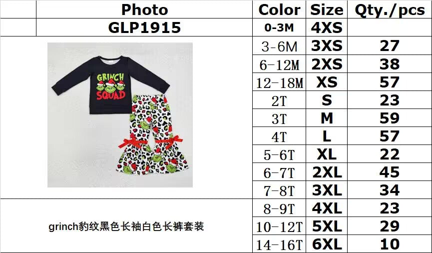 RTS NO MOQ ETA 5/7days Arrived GLP1915 Grinch leopard print black long-sleeved white trousers set