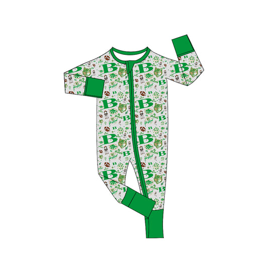 Custom moq 3 eta 6-8weeks baby boys clothes B Green zippered boys romper long sleeve romper