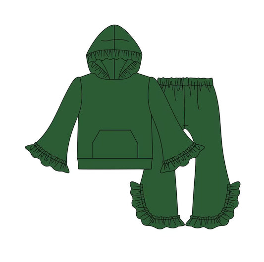 custom moq 3 cotton fabric eta 7-8weeks solid color green lace hooded long-sleeved trousers suit