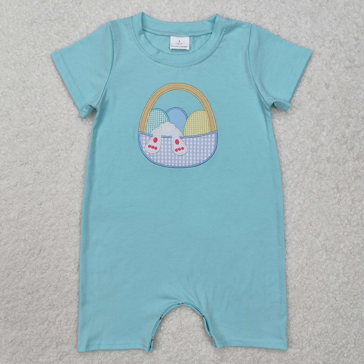 RTS NO MOQ ETA 5/7days arrived SR2293 Embroidered boy Easter bunny egg basket blue green short sleeve jumpsuit