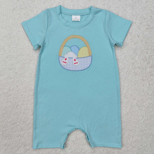 RTS NO MOQ ETA 5/7days arrived SR2293 Embroidered boy Easter bunny egg basket blue green short sleeve jumpsuit