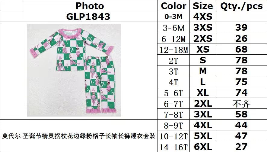 BAMBOO RTS NO MOQ ETA 5/7days GLP1843 Modal Christmas elf cane lace green and pink plaid long-sleeved pants pajamas set