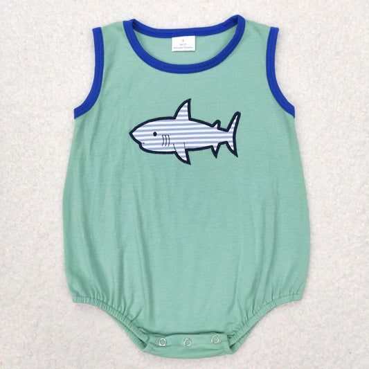 RTS NO MOQ（In Stock) Embroidered shark turquoise vest bodysuit