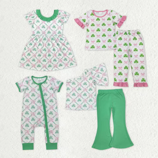 RTS NO MOQ Sibling baby Girls St. Patrick's Four Leaf Clover Short Sleeve shirt pants clothing sets and romper and dress