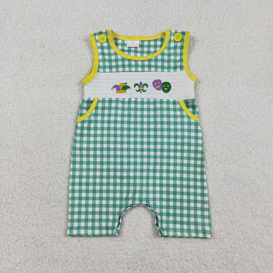 RTS NO MOQ（In Stock ) SR3312 Embroidered Carnival Mask Green and White Check Sleeveless Jumpsuit