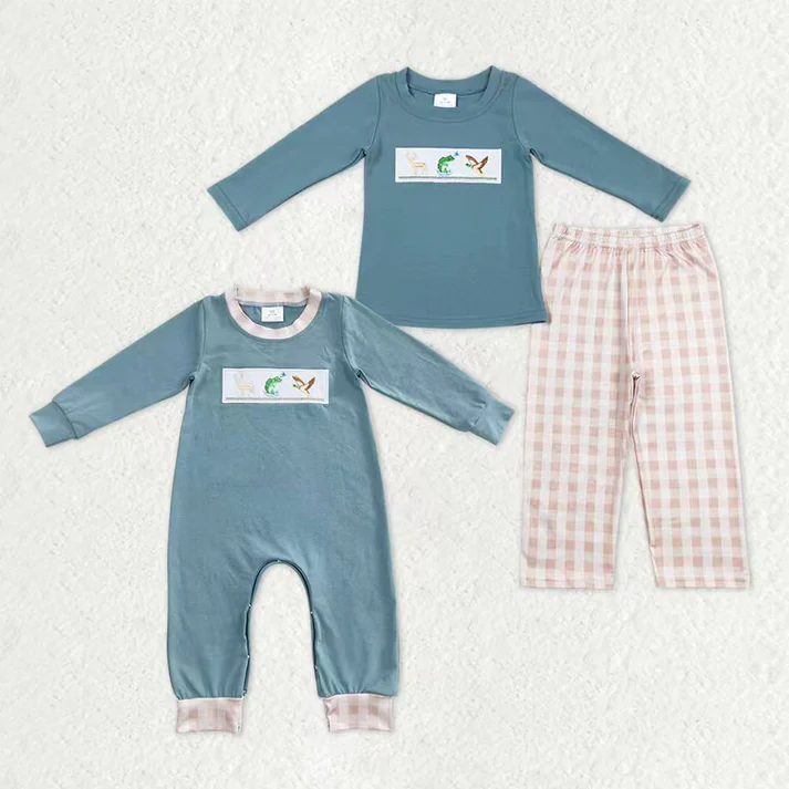 RTS NO MOQ Sibling baby Boys fishing embroidery long-sleeved pants set clothes and rompers