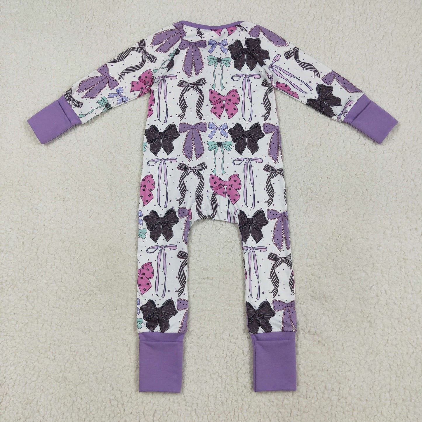 RTS NO MOQ（In Stock) LR2358 Purple long-sleeved zip-up bodysuit with Halloween bow pattern
