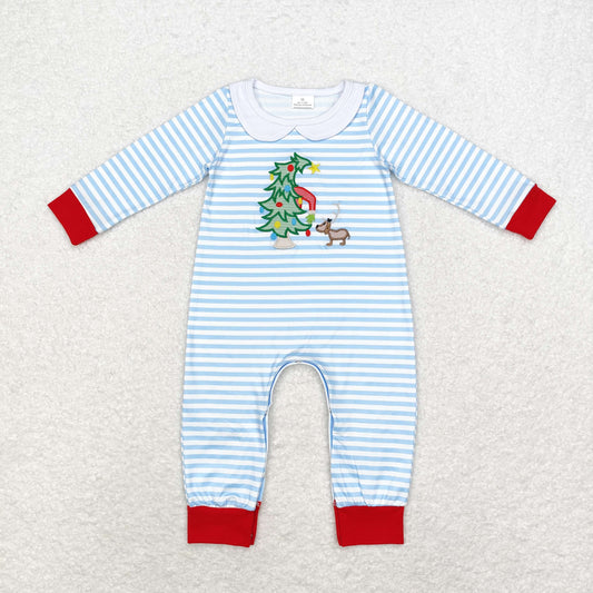 rts no moq LR1564 Embroidered Christmas tree pattern blue and white striped collar long-sleeved jumpsuit