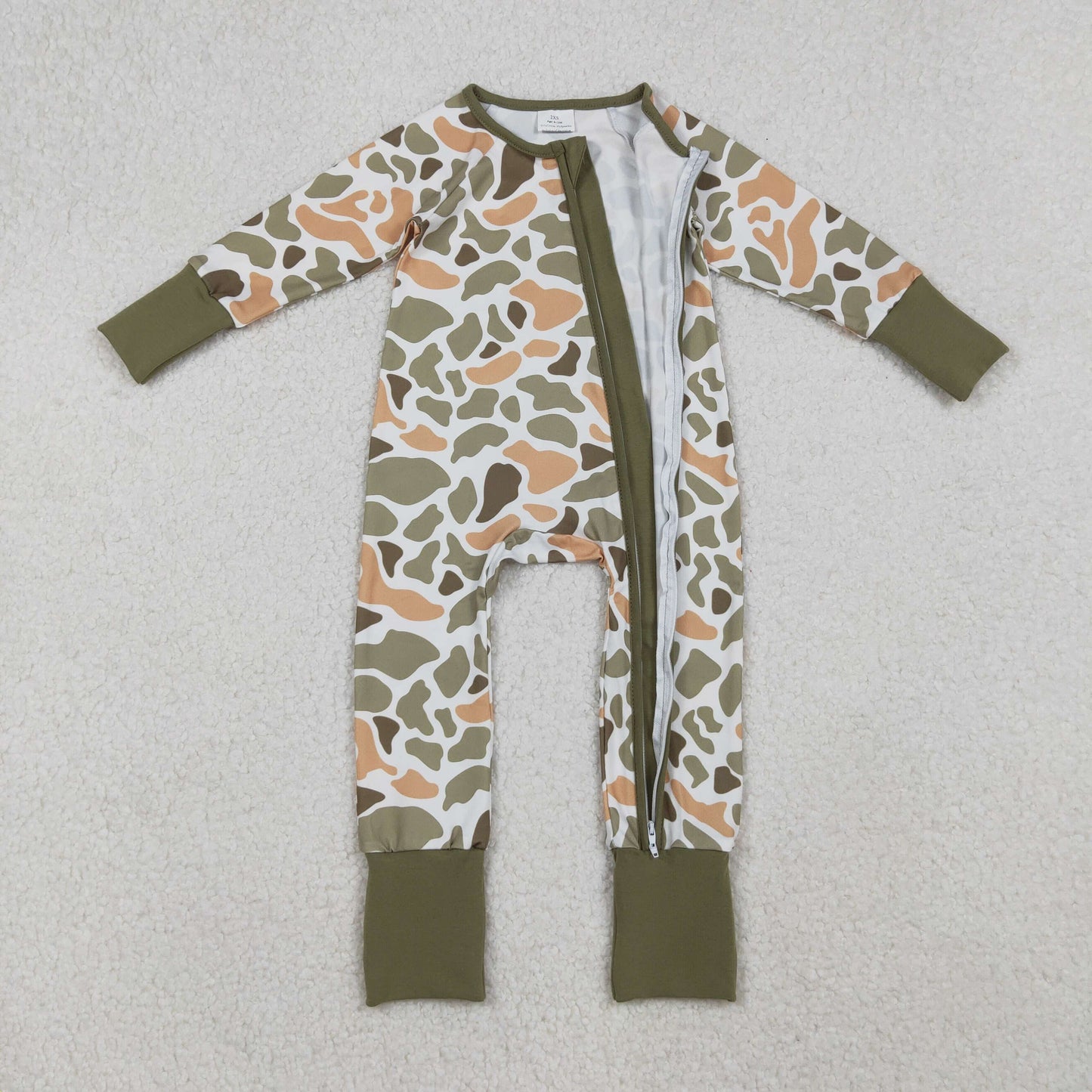 RTS NO MOQ（In Stock) LR2578 Lime and Green Camouflage Long-Sleeved Bodysuit with White Zipper