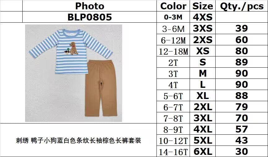 RTS NO MOQ ETA 5/7days Arrived BLP0805 Embroidered duck puppy blue and white striped long-sleeved brown trouser suit