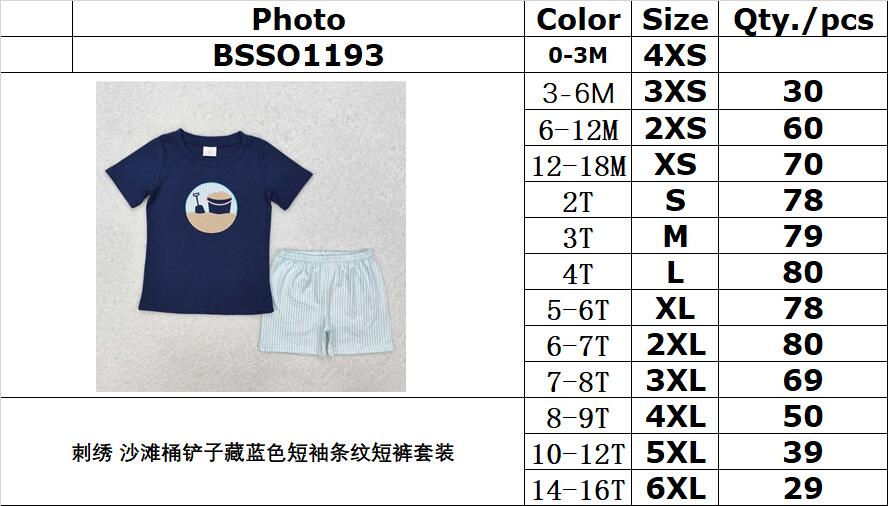 RTS NO MOQ ETA 5/7days Arrived BSSO1193 Embroidered beach bucket shovel navy blue short sleeve striped shorts set