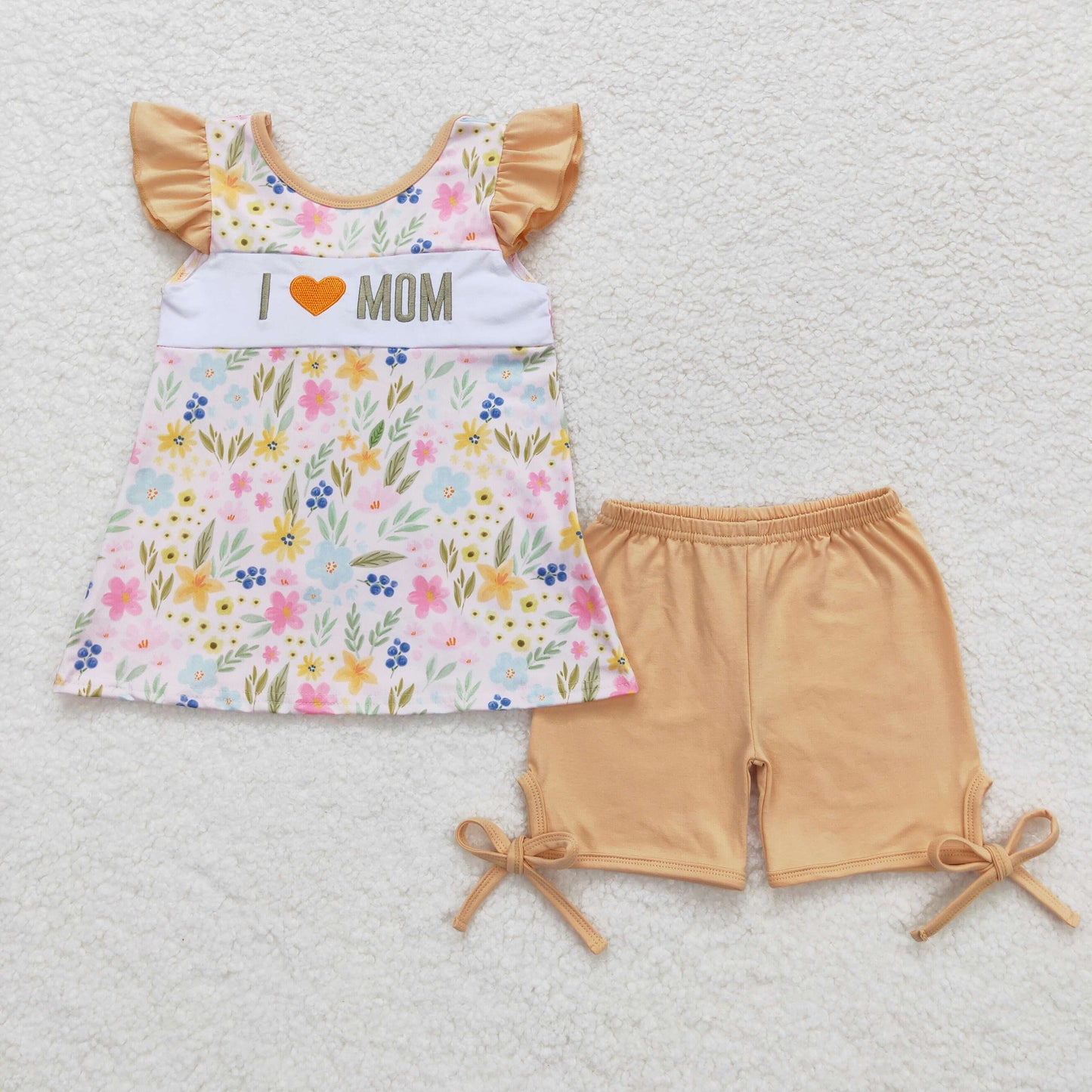 GSSO0696 I love mom embroidered floral floral bow flying sleeves Shorts Set