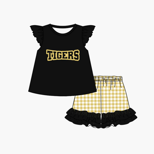 Deadline: February 9th custom no moq Black and gold striped lettering girls short-sleeved shorts suit