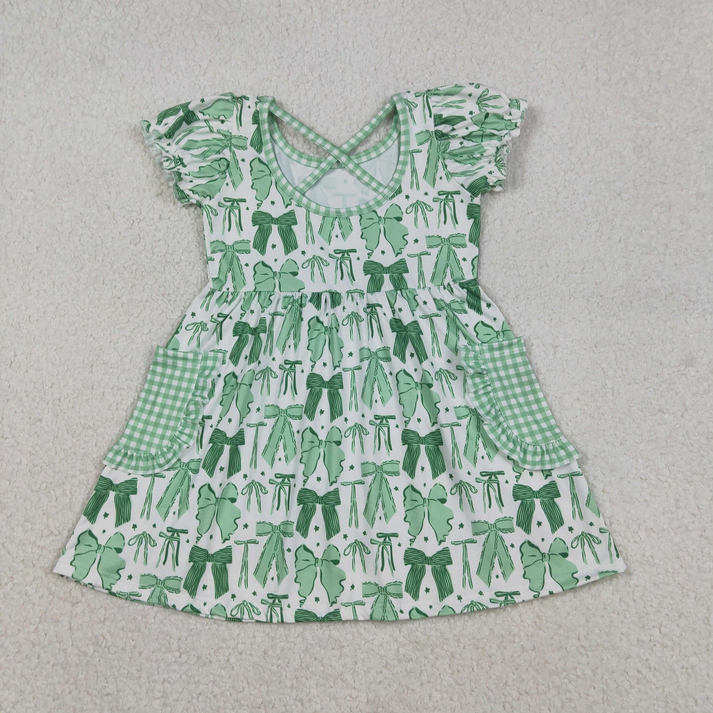 RTS NO MOQ（In Stock) Four-Leaf Clover Green Bow Pattern Plaid Lace Pocket White Short-Sleeve Dress