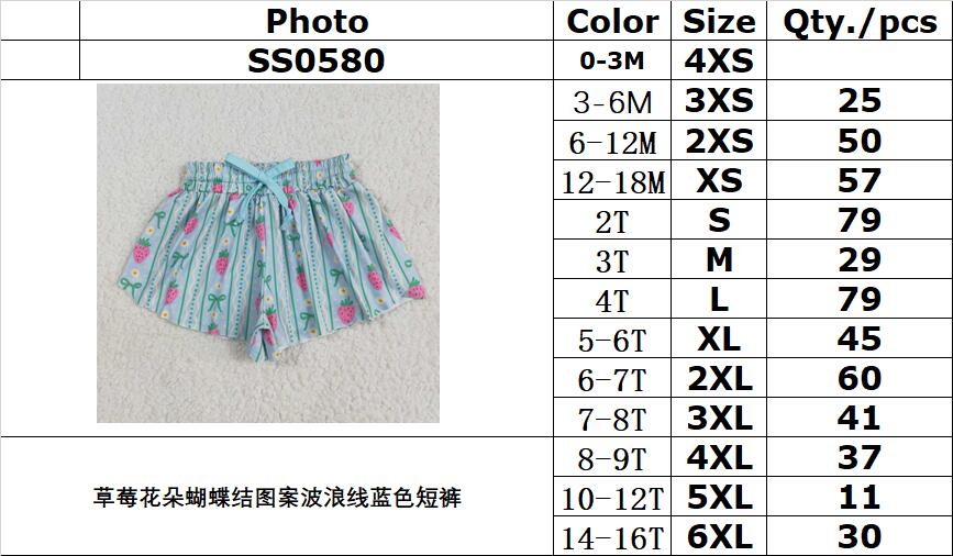 RTS NO MOQ SS0580 Strawberry flower bow pattern wavy line blue shorts