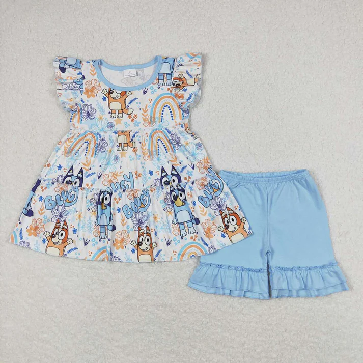 RTS NO MOQ Baby Girls Colorful Puppy Pattern Fly Sleeve Top Lace-Up Shorts Set