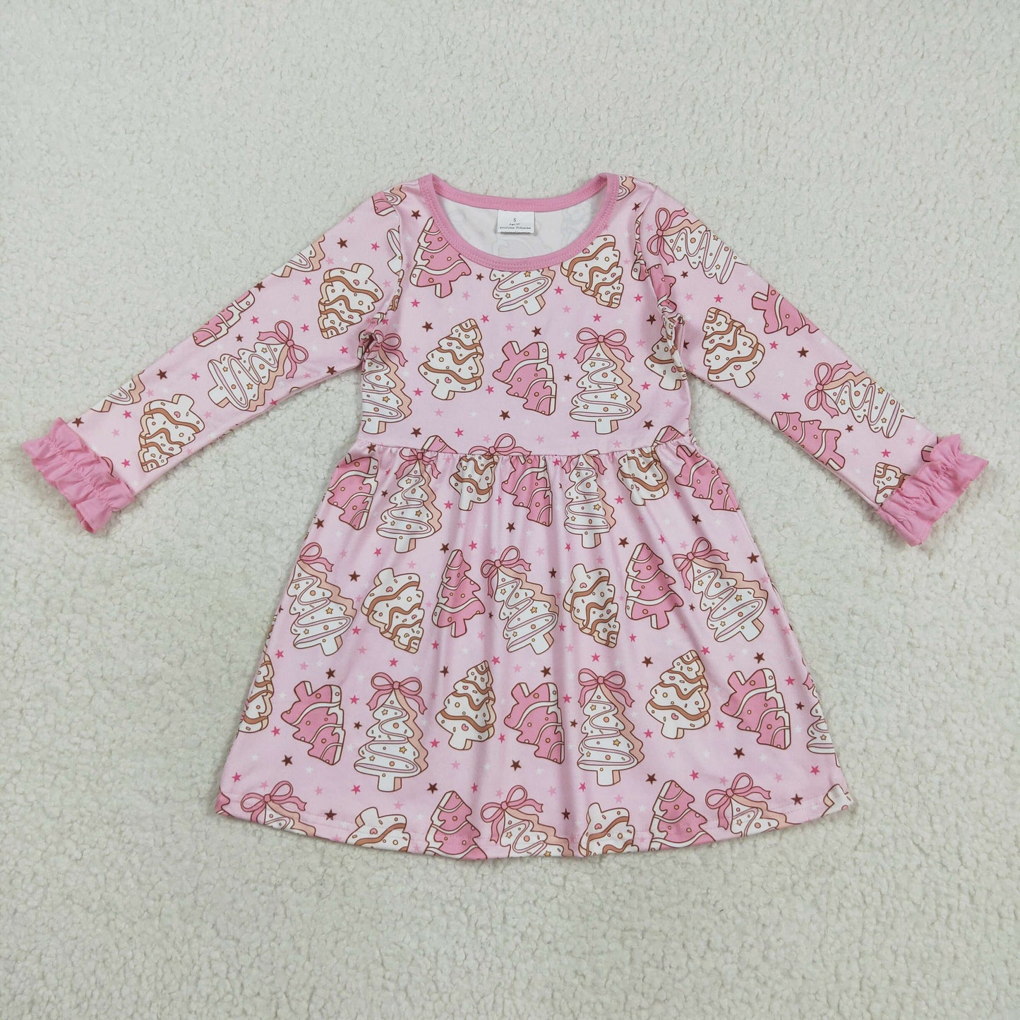 RTS NO MOQ（In Stock) GLD1124 Pink Long-Sleeved Dress with Christmas Tree Cookie Bow Pattern