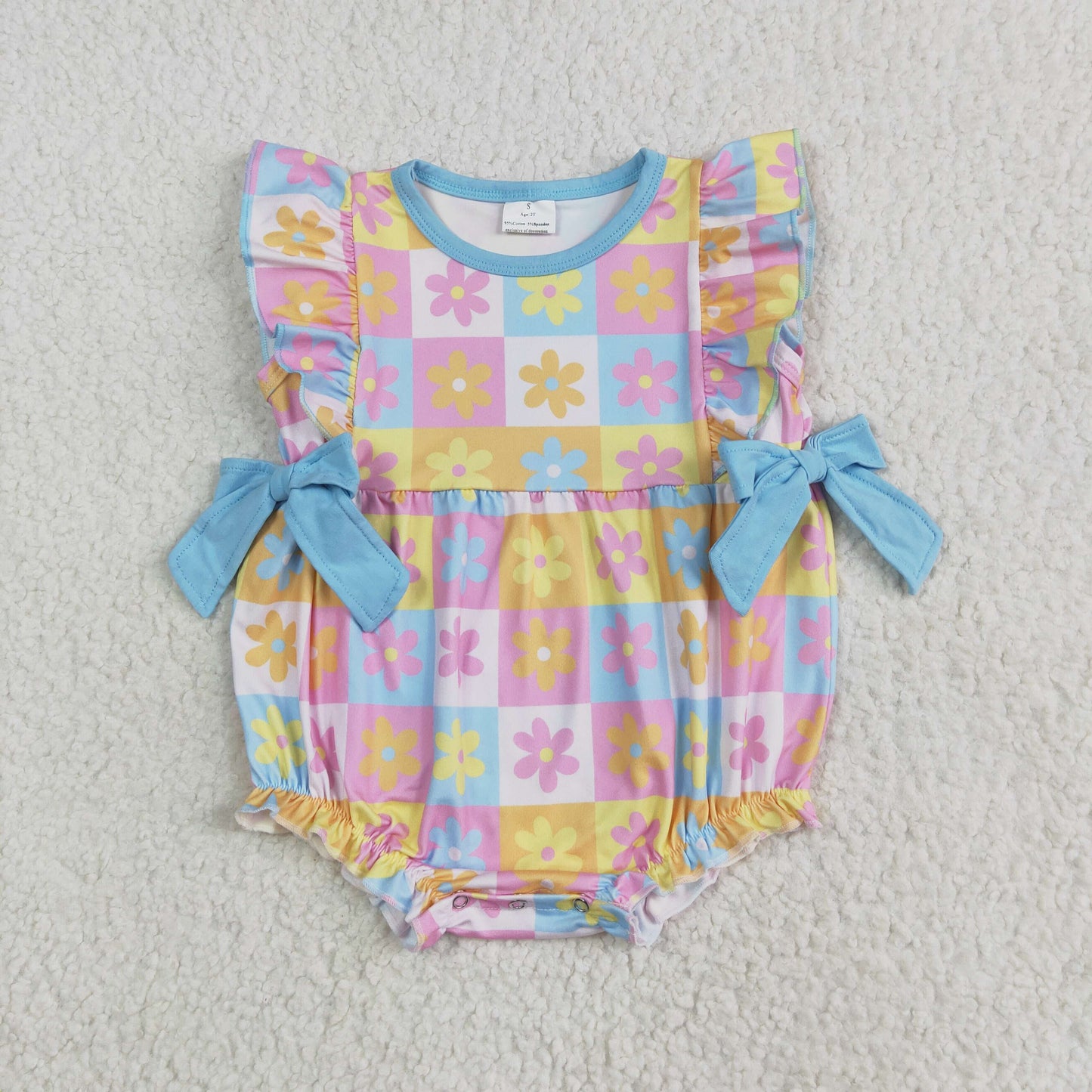 RTS NO MOQ SR3090 Floral color plaid blue bow vest jumpsuit