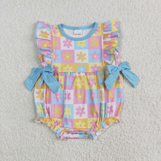 RTS NO MOQ SR3090 Floral color plaid blue bow vest jumpsuit