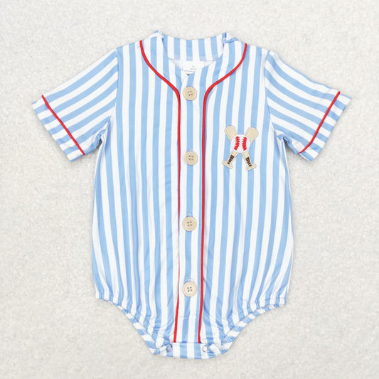 RTS no moq SR1459 Embroidered baseball blue striped short-sleeved jumpsuit