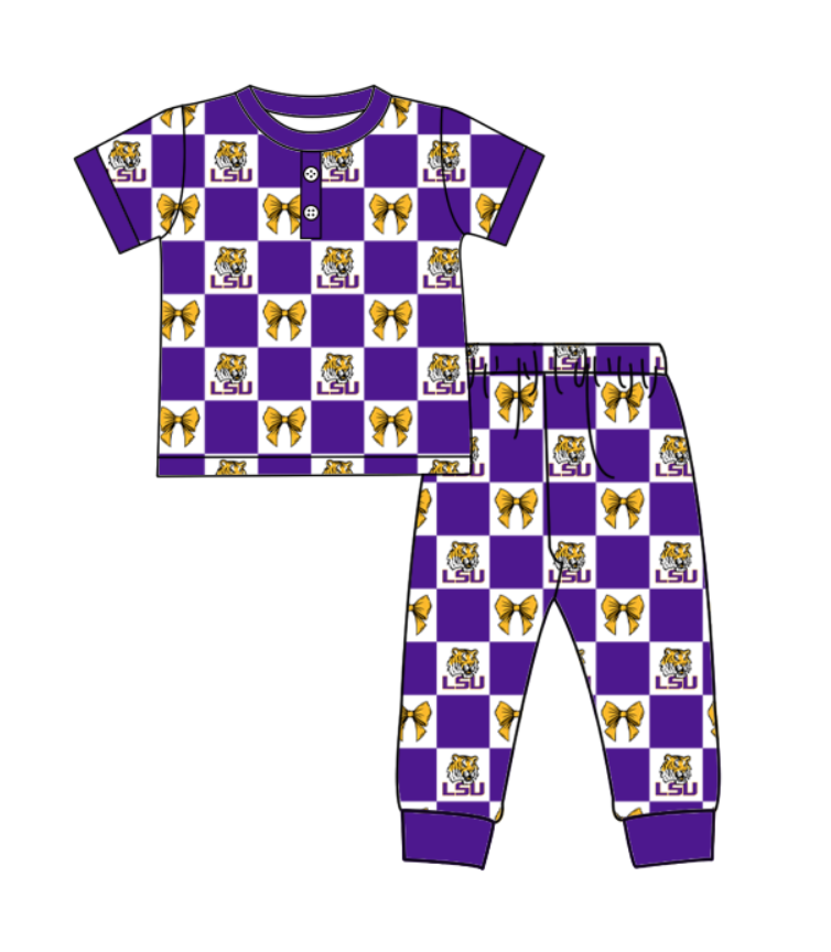 Custom moq 5 mix size milk silk summer teams baby boys clothes bow purple short sleeve pants sets