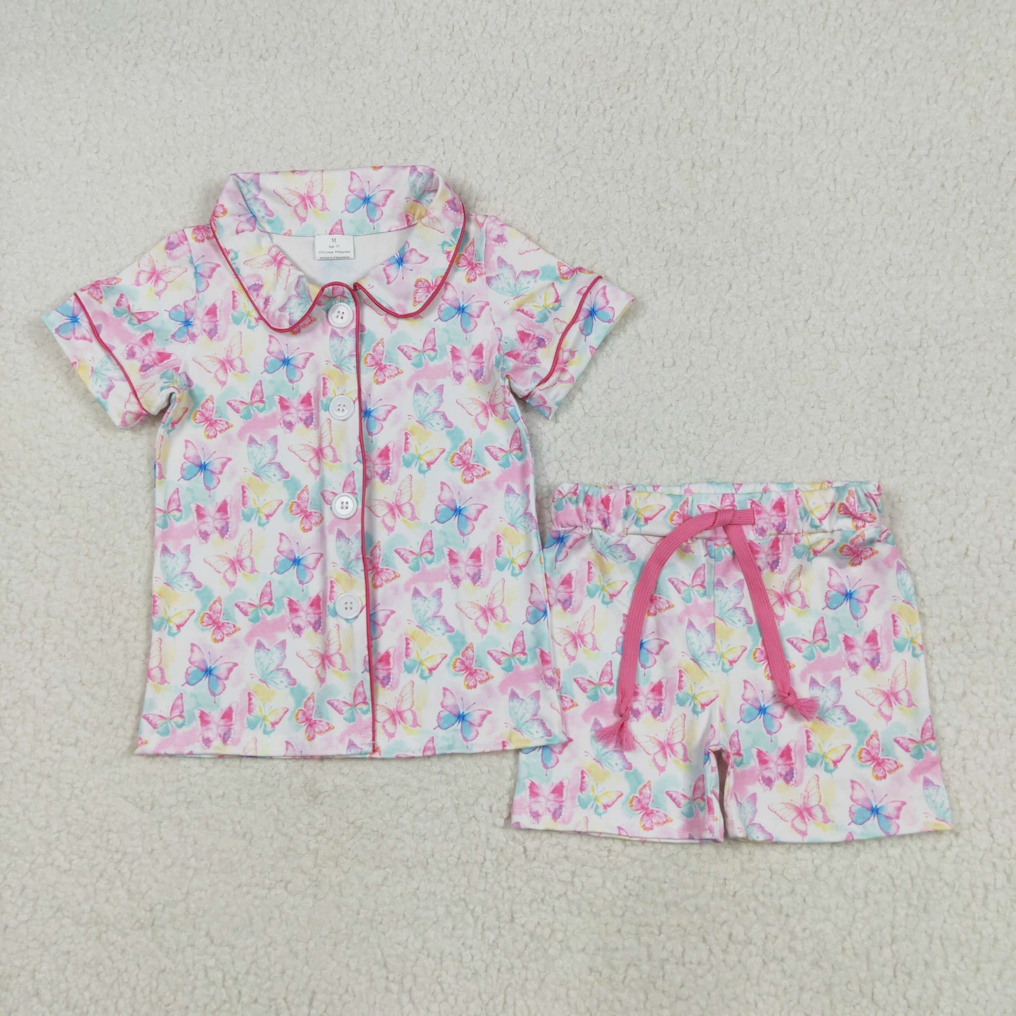 RTS NO MOQ GSSO2601 Butterfly color short sleeve tie shorts pajama set