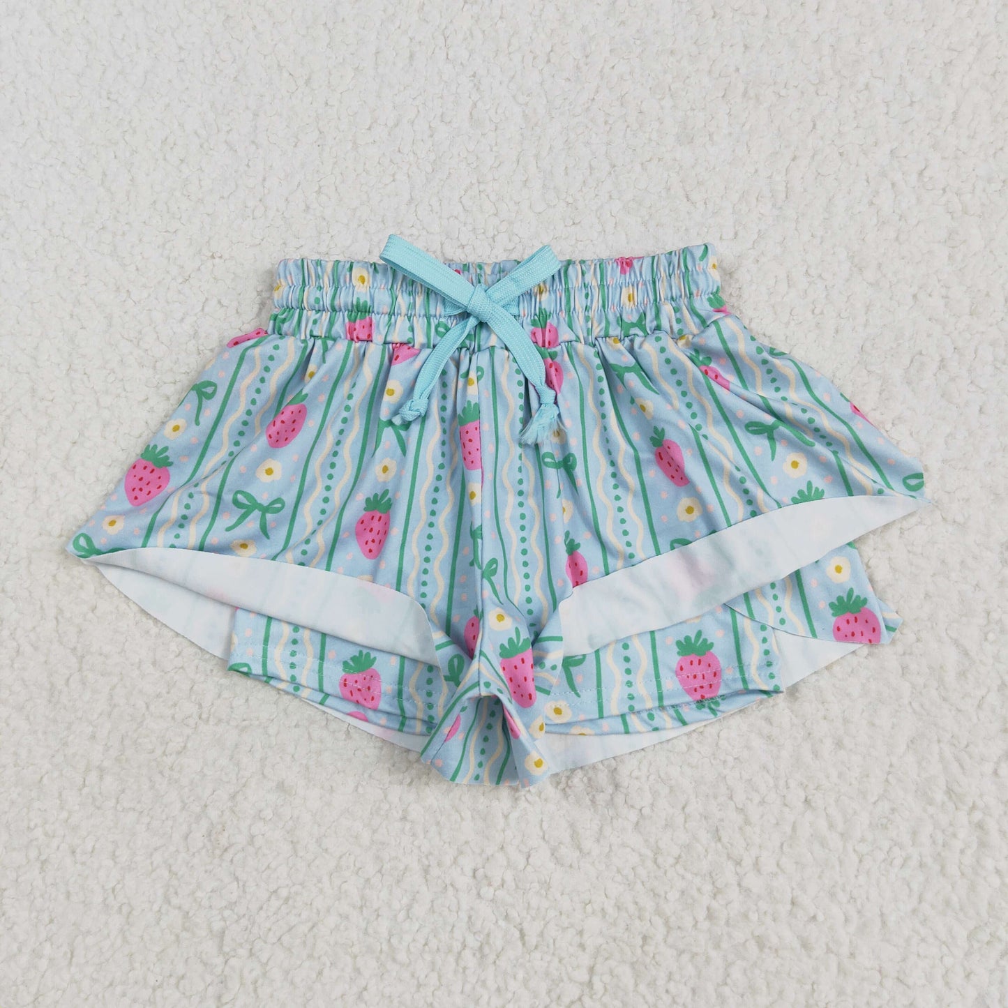 RTS NO MOQ SS0580 Strawberry flower bow pattern wavy line blue shorts