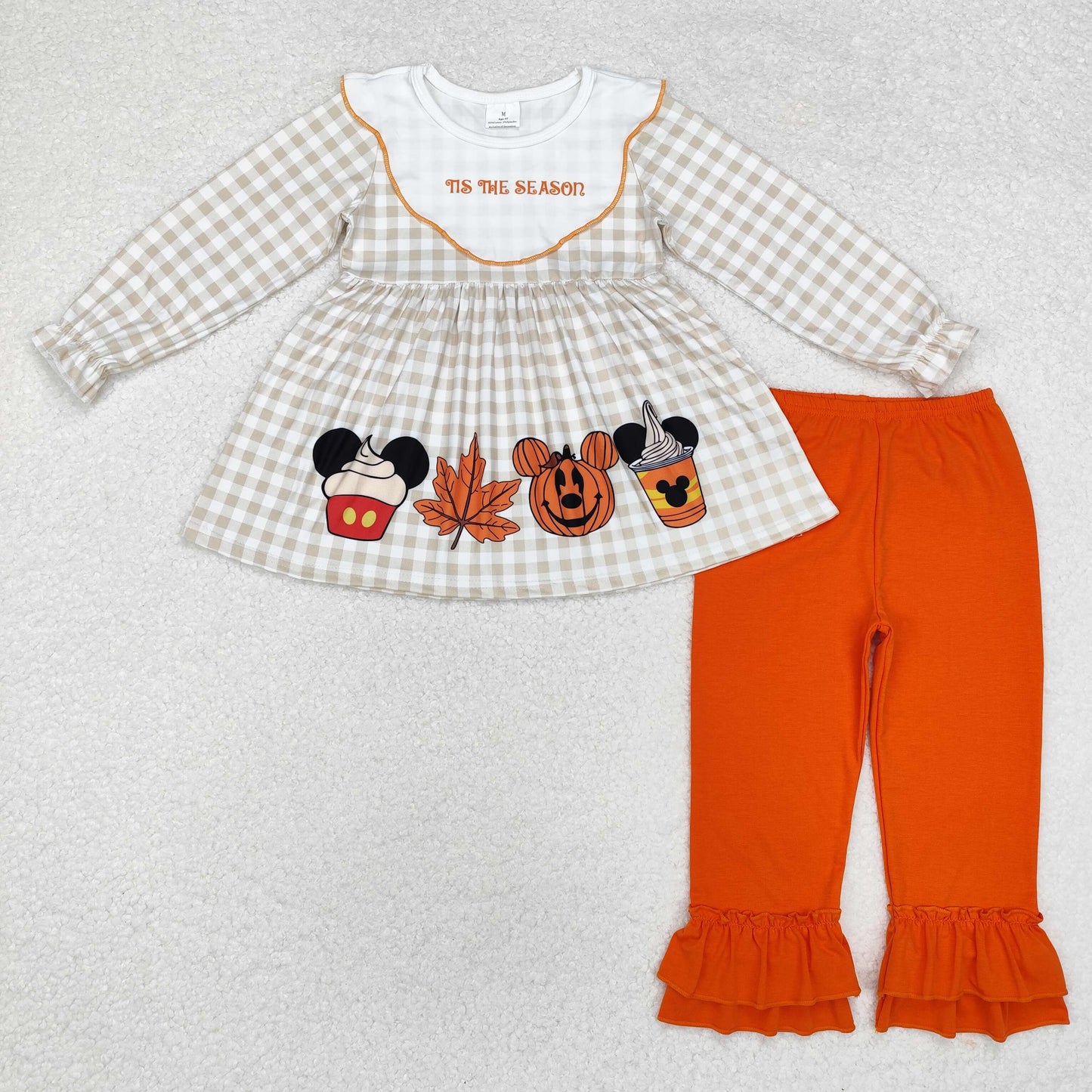 RTS NO MOQ ETA 5/7days GT0749+P0634 Mickey Maple Leaf Jack-O'-Lantern Long Sleeve Top Orange Two-Layer Lace Pants