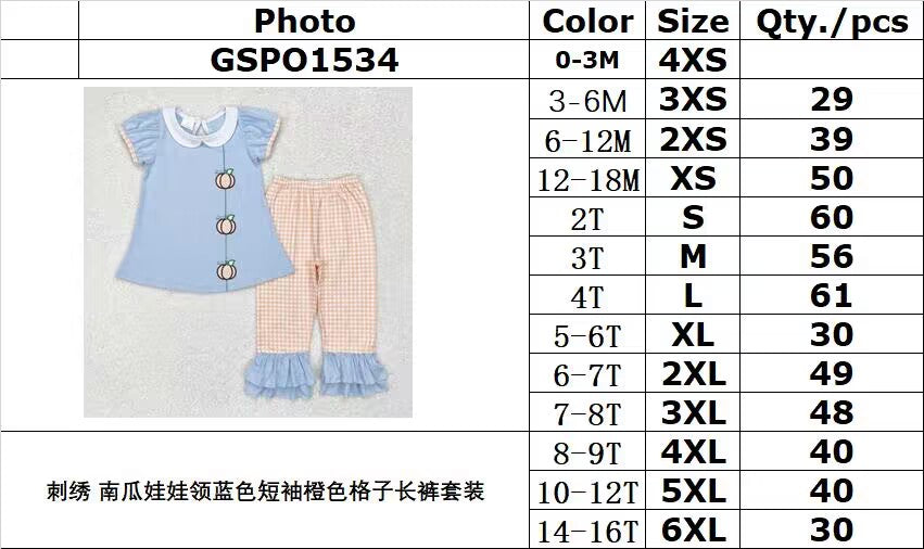 RTS NO MOQ GSPO1534 Embroidered pumpkin doll collar blue short-sleeved orange plaid trousers suit