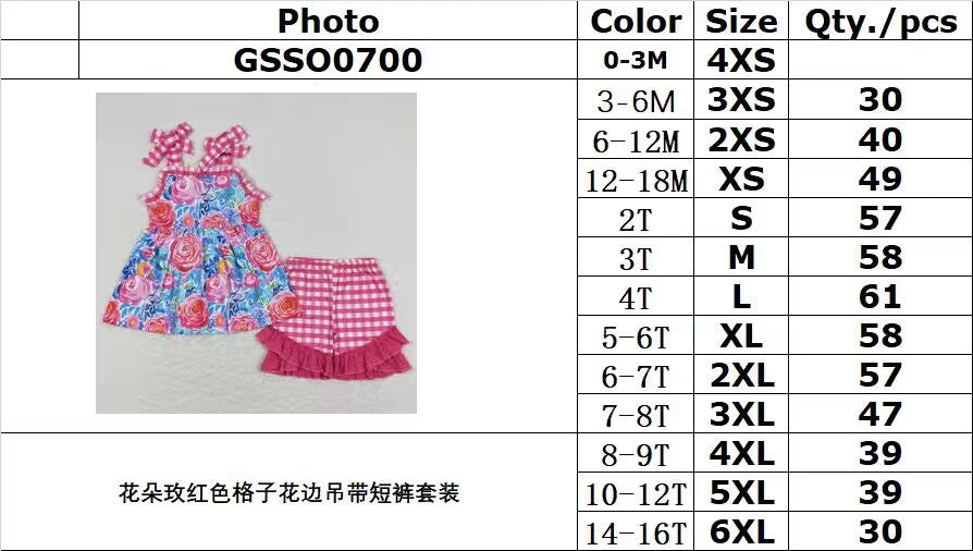 GSSO0700 Floral rose red plaid lace suspender shorts suit