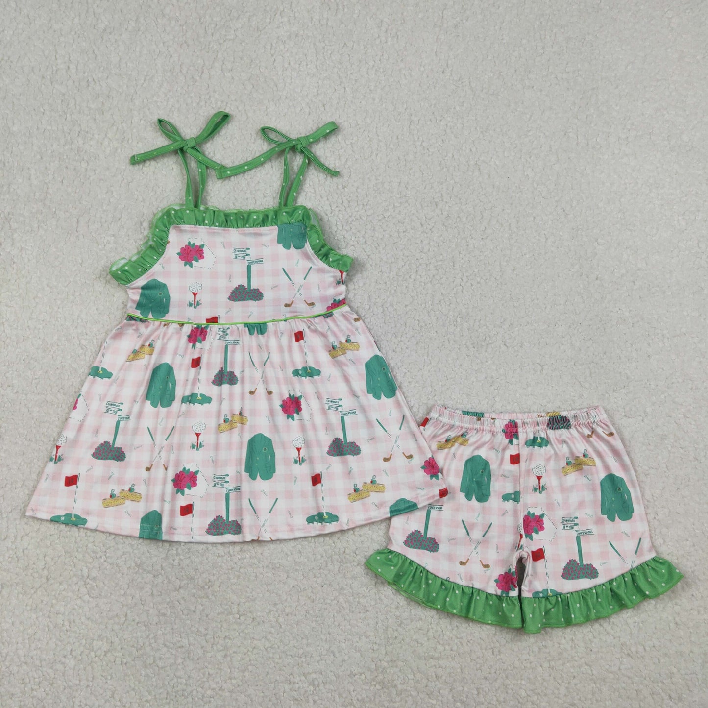 RTS NO MOQ（In Stock) GSSO3099 Golf Ball Floral Pink Plaid Suspender Shorts Set