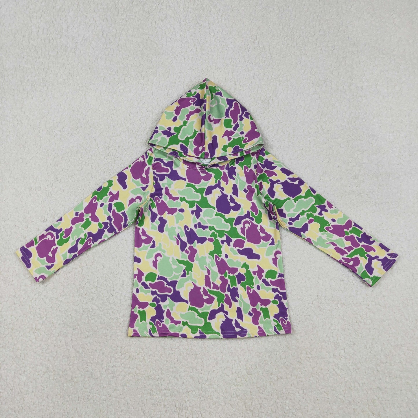 RTS NO MOQ（In Stock) Carnival Green, Yellow, and Purple Camouflage Hooded Long-Sleeved Top