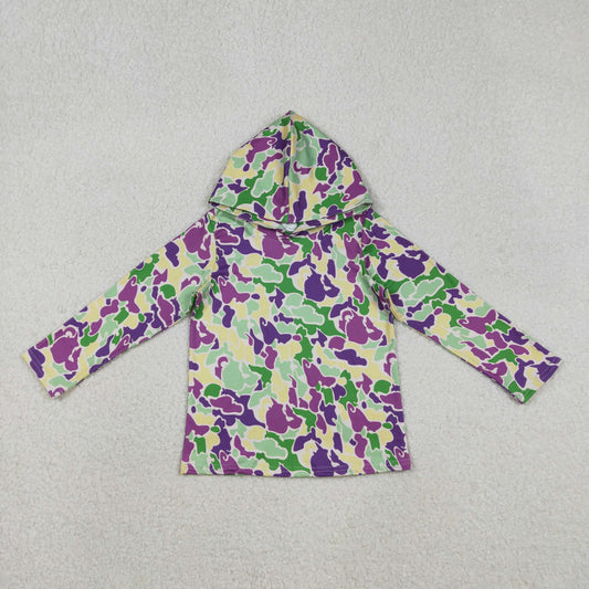 RTS NO MOQ（In Stock) Carnival Green, Yellow, and Purple Camouflage Hooded Long-Sleeved Top