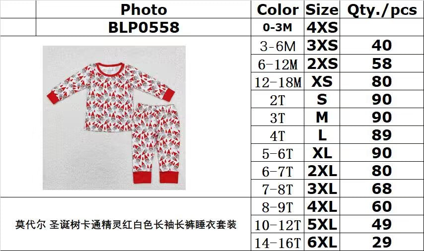 BAMBOO RTS NO MOQ ETA 5/7days BLP0558 Modal Christmas tree cartoon elf red and white long-sleeved trousers pajamas set