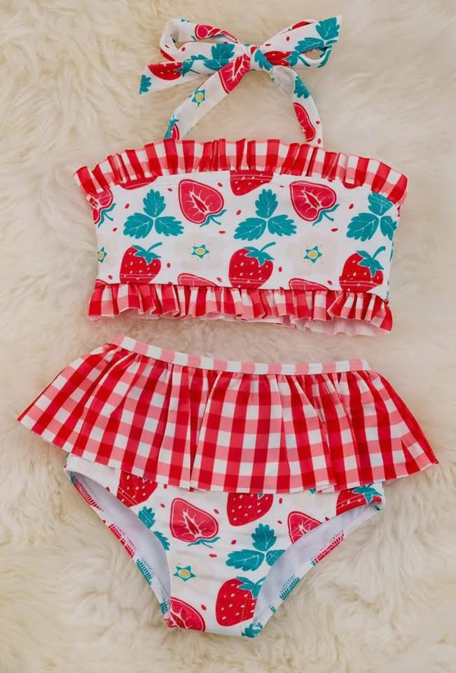Custom moq 3 eta 7/8week moq 5 eta /4/5week baby girl clothes strawberry swimsuit