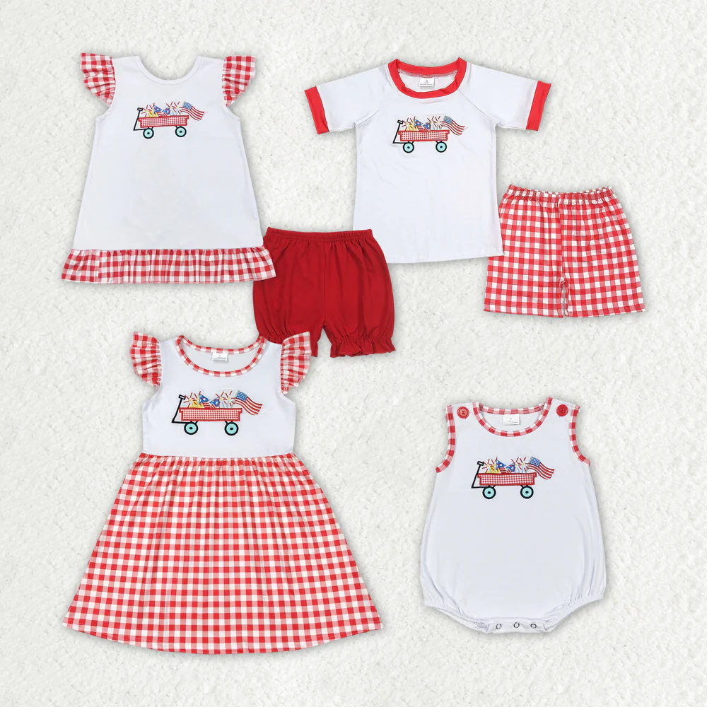 Baby Girls 4th Of July Flag Tractor Sibling Rompers Clothes Sets