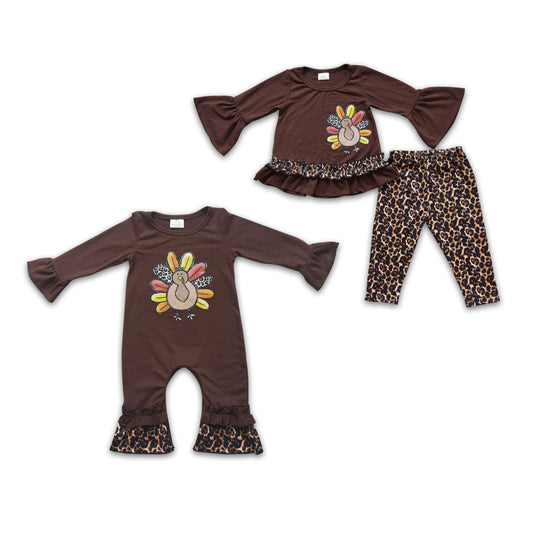 RTS NO MOQ  6 A8-12  6 A2-6 Dark Brown Embroidered Turkey Pattern Bell Sleeve Long Sleeve Suit & Romper